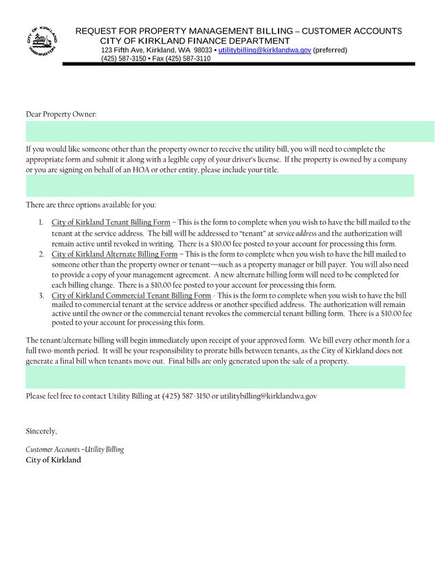 REQUEST FOR PROPERTY MANAGEMENT BILLING  CUSTOMER ACCOUNTS screenshot