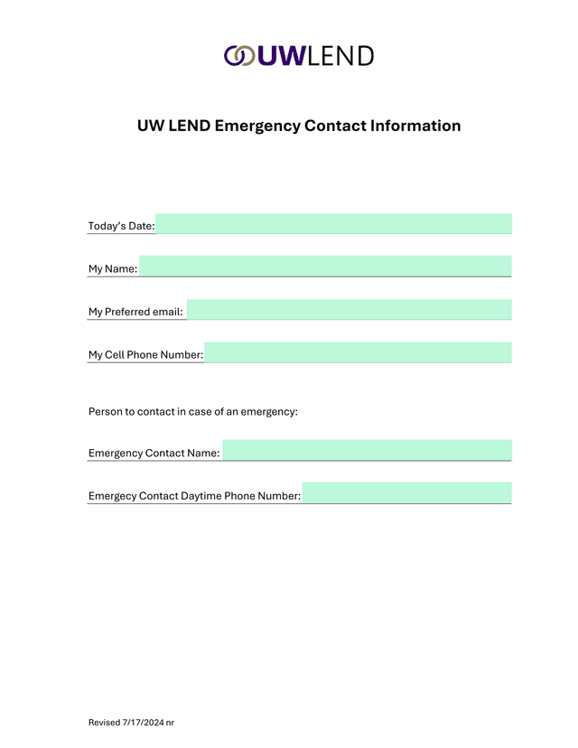 UW LEND Emergency Contact Information screenshot