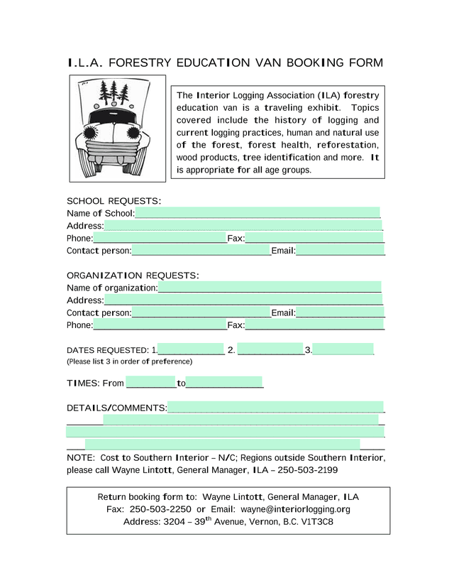 I.L.A. Forestry Education Van Booking Form screenshot