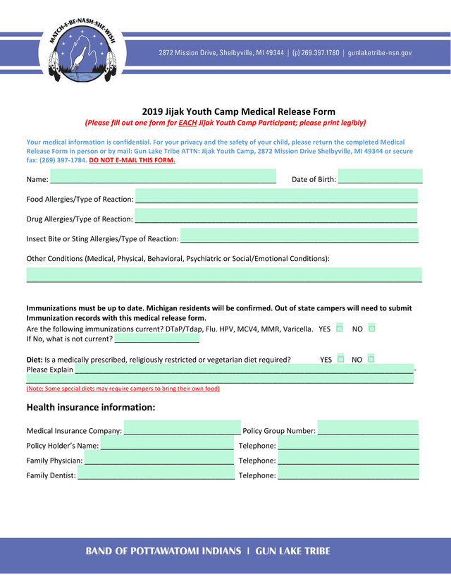 2019 Jijak Youth Camp Medical Release Form screenshot