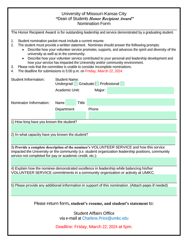 Dean Of Students Honor Recipient Award Nomination Form screenshot