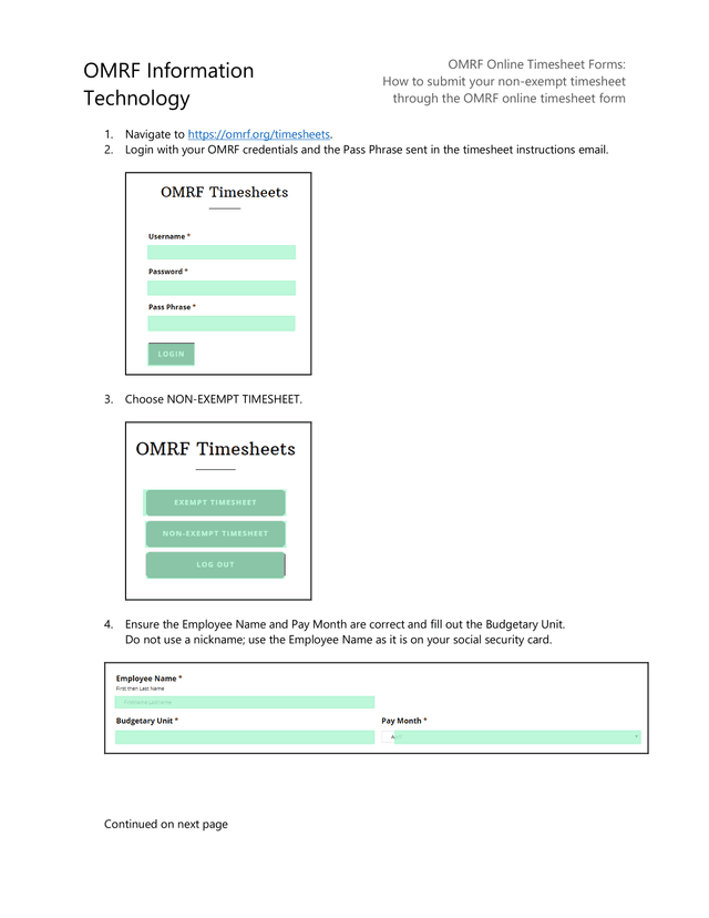 OMRF Online Timesheet Forms screenshot