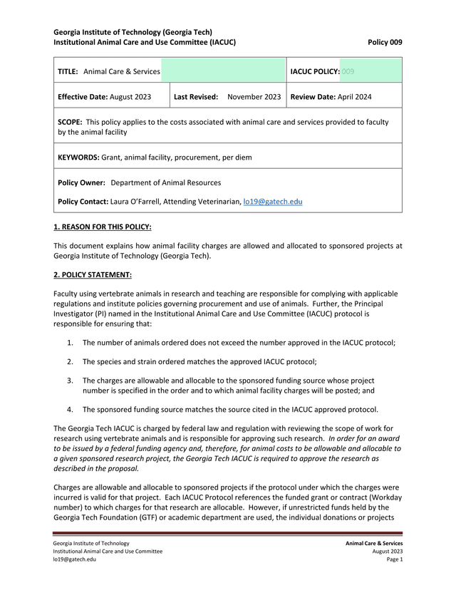 Institutional Animal Care And Use Committee (IACUC) Policy 009 screenshot