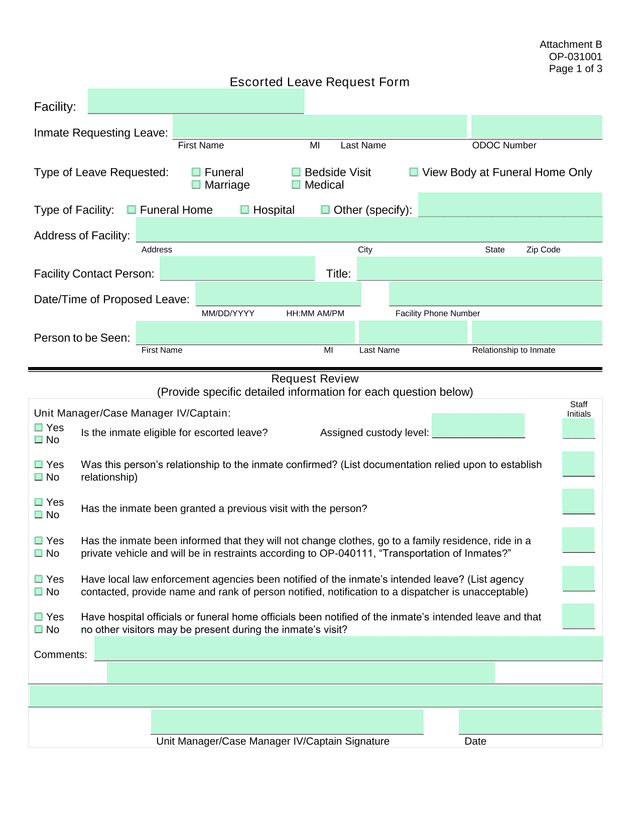 Escorted Leave Request Form screenshot