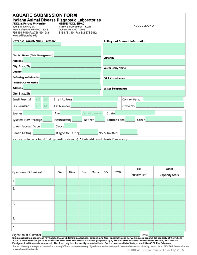 AQUATIC SUBMISSION FORM screenshot