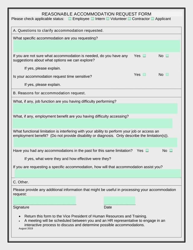 Reasonable Accommodation Request Form screenshot
