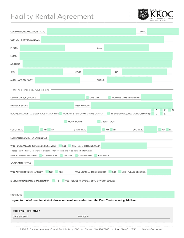 Facility Rental Agreement screenshot