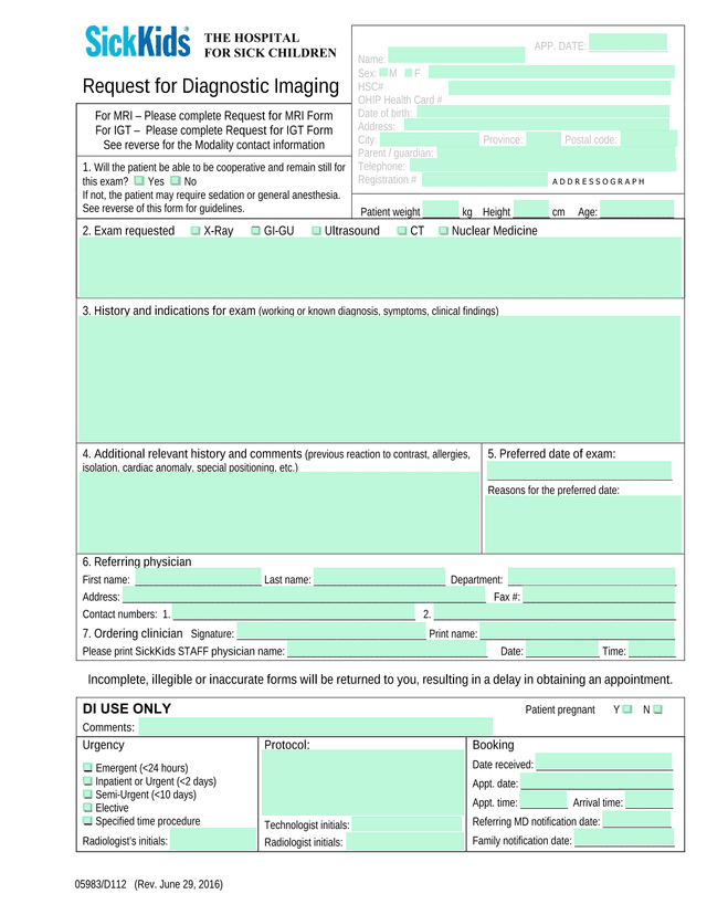 Request For Diagnostic Imaging screenshot