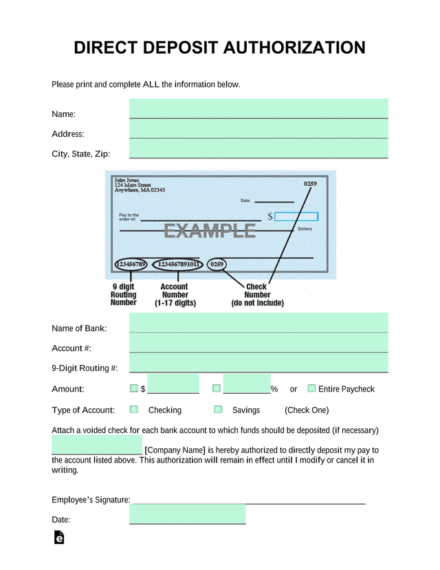 Direct Deposit Authorization screenshot