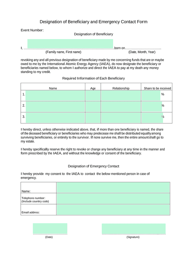 Designation Of Beneficiary And Emergency Contact Form screenshot