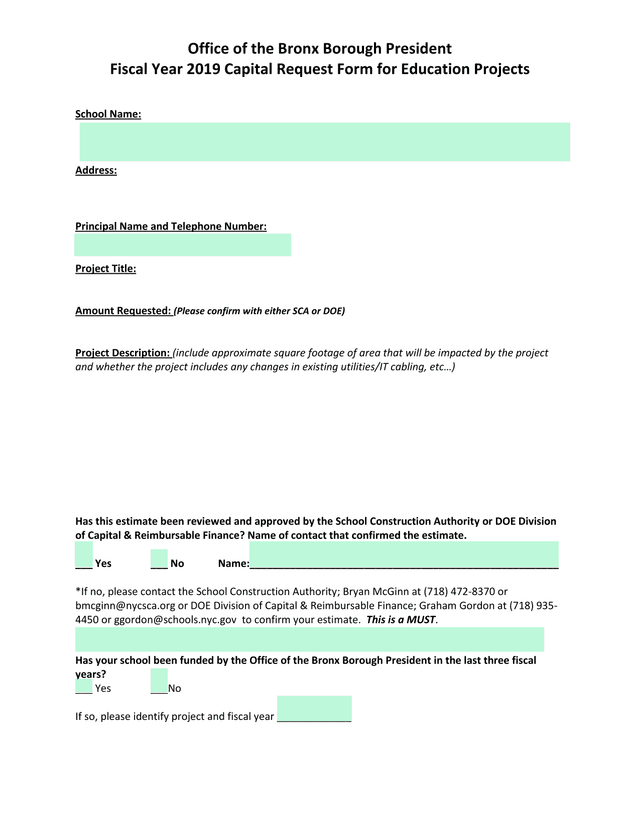 Fiscal Year 2019 Capital Request Form For Education Projects screenshot