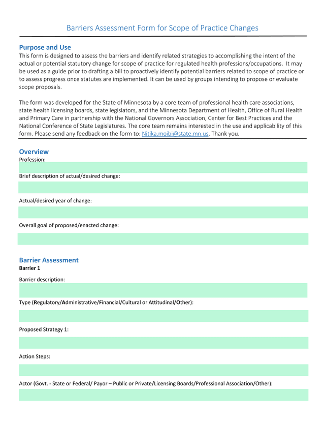 Barriers Assessment Form For Scope Of Practice Changes screenshot