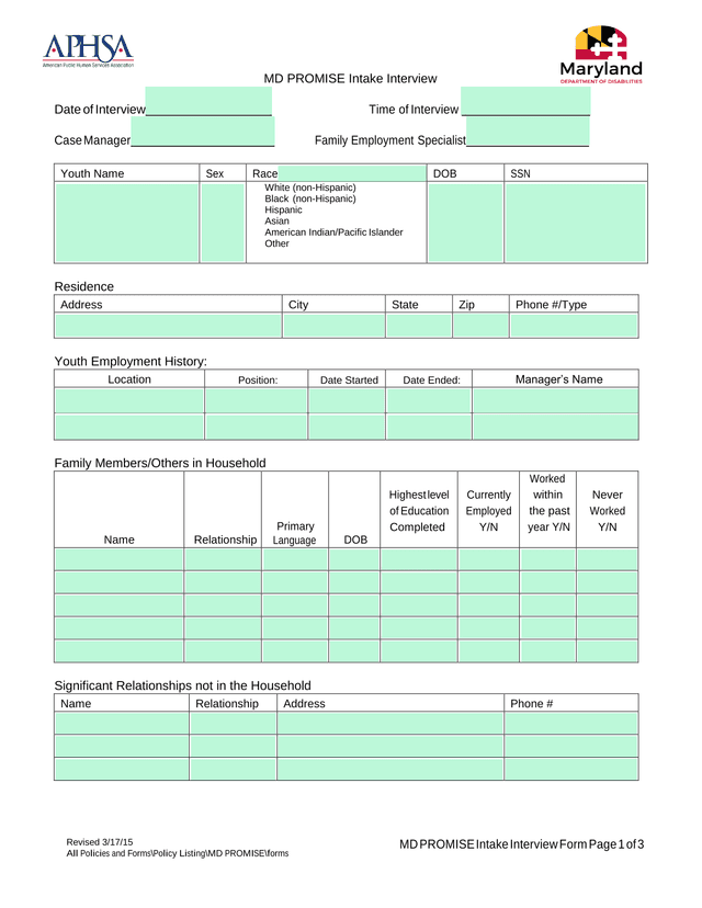 MD PROMISE Intake Interview Form screenshot