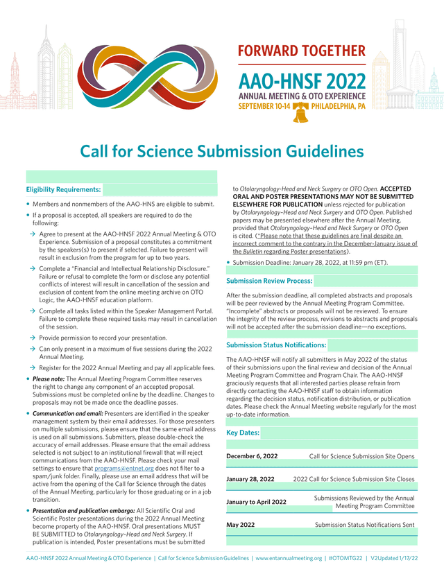 AAO HNSF 2022 Annual Meeting  OTO Experience Call For Science Submission Guidelines screenshot