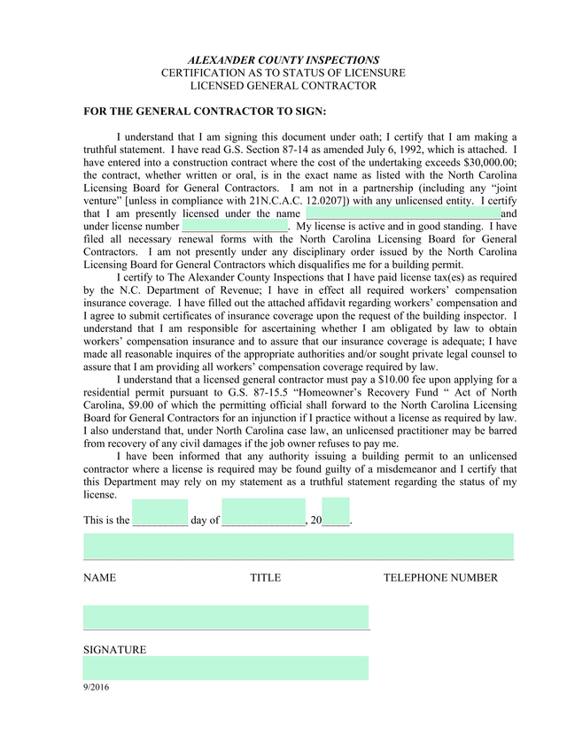 Certification As To Status Of Licensure   Licensed General Contractor screenshot