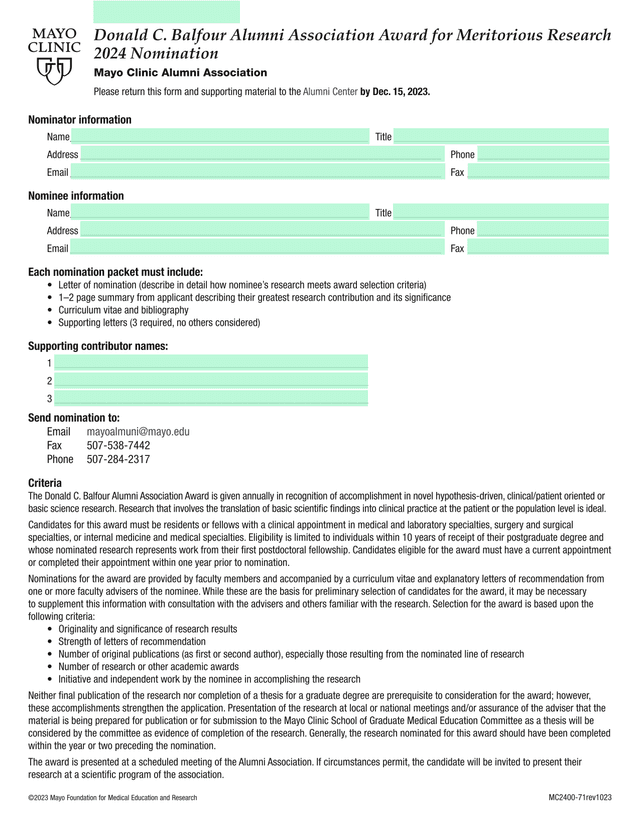 Donald C. Balfour Alumni Association Award For Meritorious Research 2024 Nomination screenshot