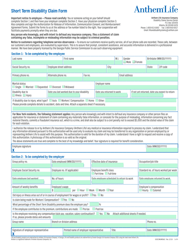 Short Term Disability Claim Form screenshot