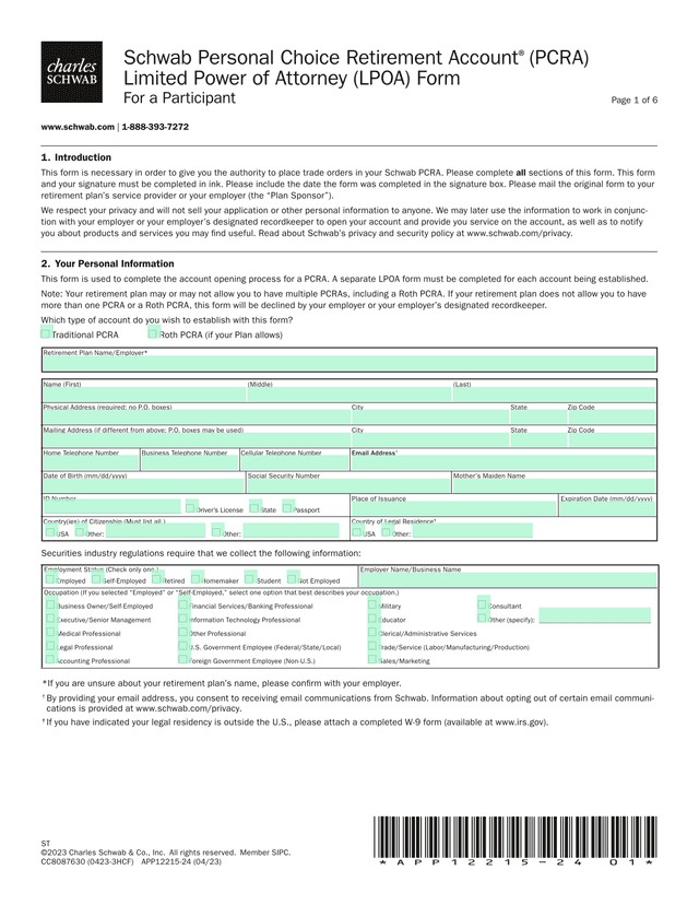 Schwab Personal Choice Retirement Account (PCRA) Limited Power Of Attorney (LPOA) Form screenshot