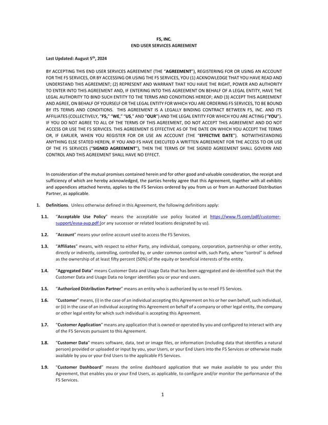 F5, INC. END USER SERVICES AGREEMENT screenshot