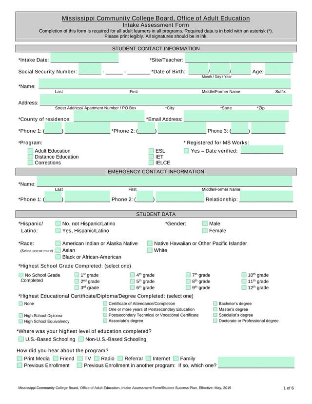 Mississippi Community College Board, Office Of Adult Education, Intake Assessment FormStudent Succes screenshot