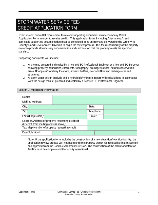 Storm Water Service Fee   Credit Application Form screenshot