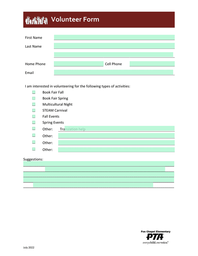Volunteer Form screenshot