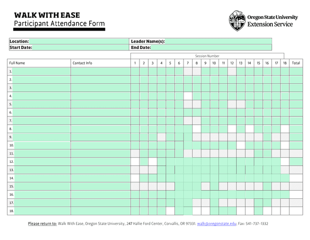 Walk With Ease Participant Attendance Form screenshot