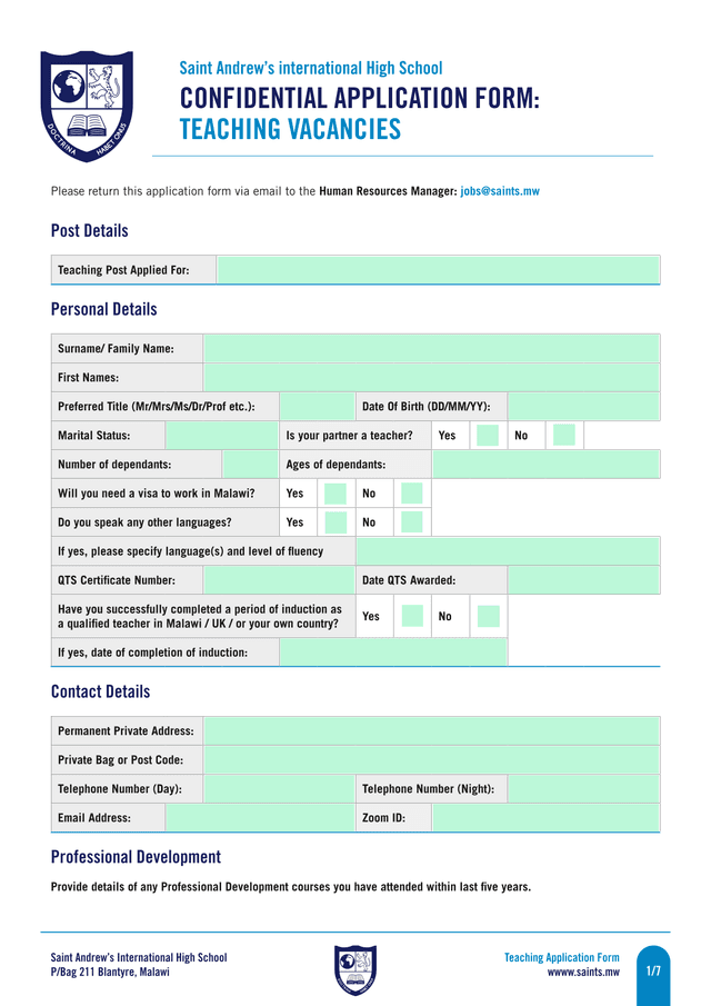 Teaching Application Form screenshot