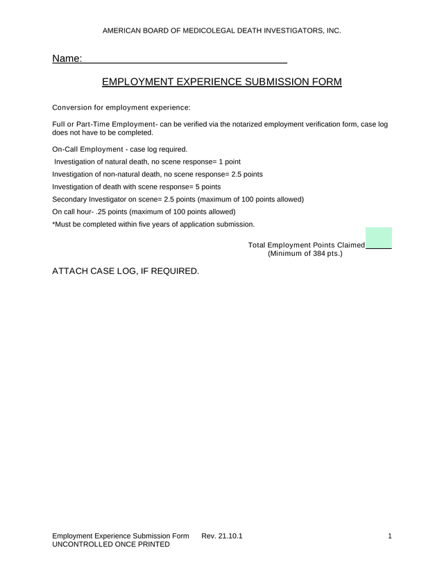 Employment Experience Submission Form screenshot