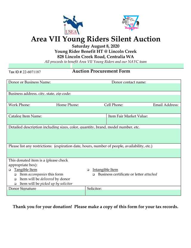 Area VII Young Riders Silent Auction Procurement Form screenshot