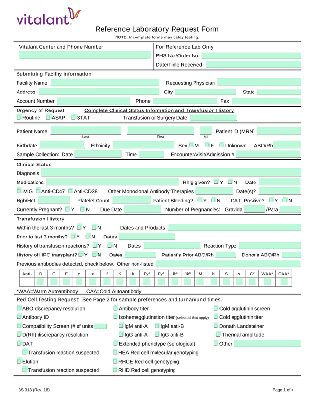 Reference Laboratory Request Form screenshot