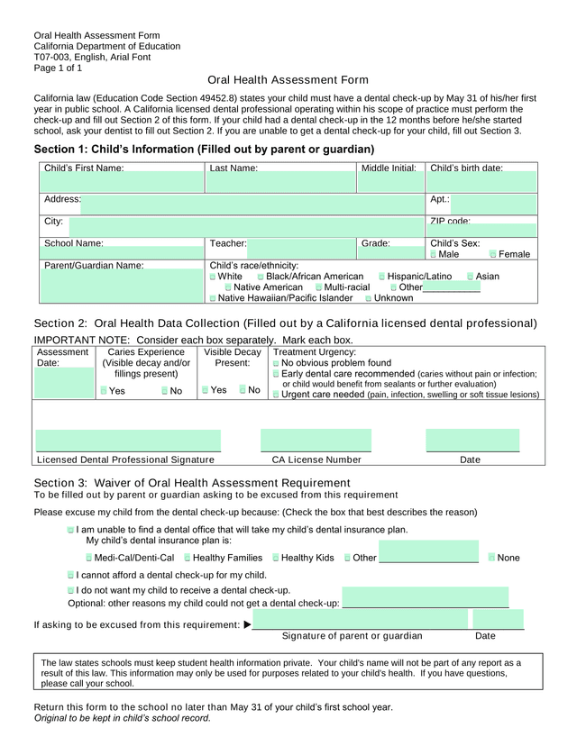 Oral Health Assessment Form screenshot