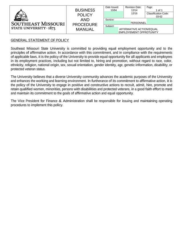 Affirmative ActionEqual Employment Opportunity Policy screenshot