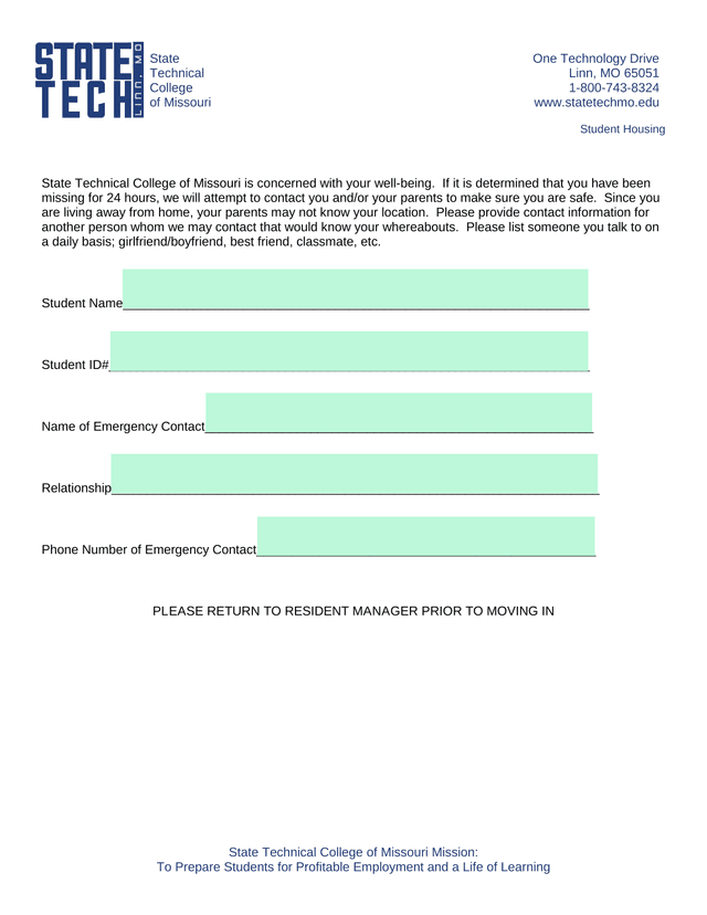 Student Housing Emergency Contact Form screenshot