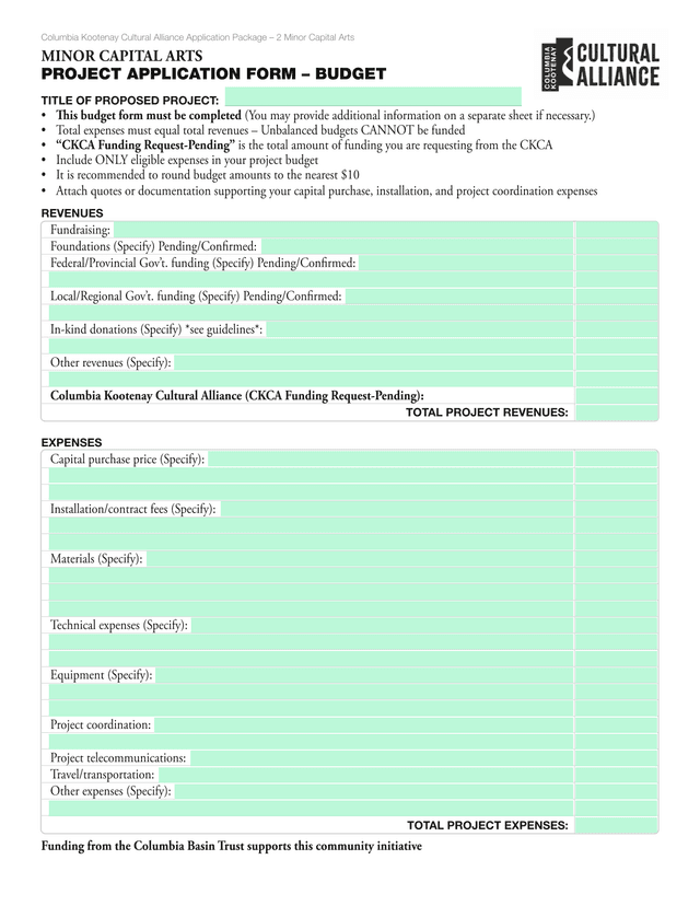 Columbia Kootenay Cultural Alliance Application Package  2 Minor Capital Arts Project Application Fo screenshot