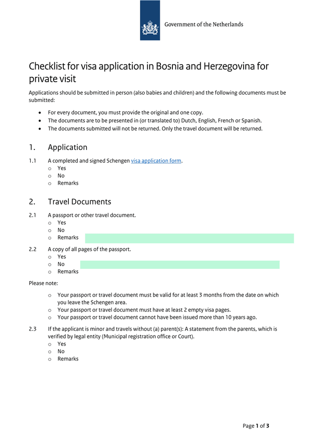 Checklist For Visa Application In Bosnia And Herzegovina For Private Visit screenshot