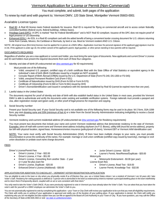 Vermont Application For License Or Permit (Non Commercial) screenshot