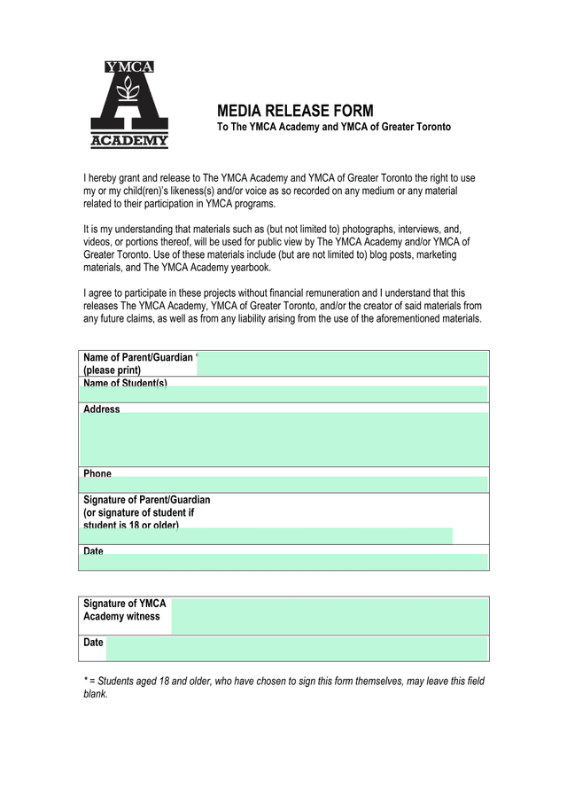 Media Release Form screenshot