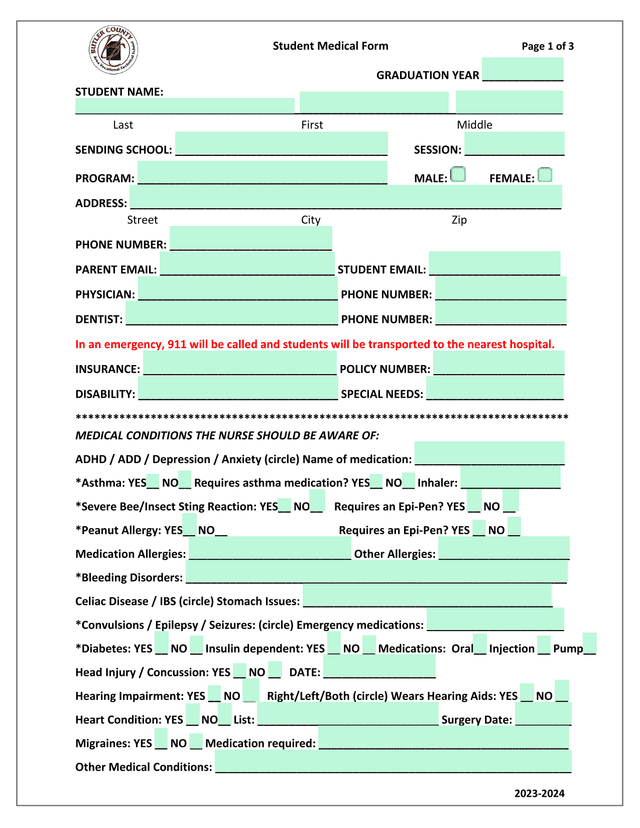 Student Medical Form screenshot