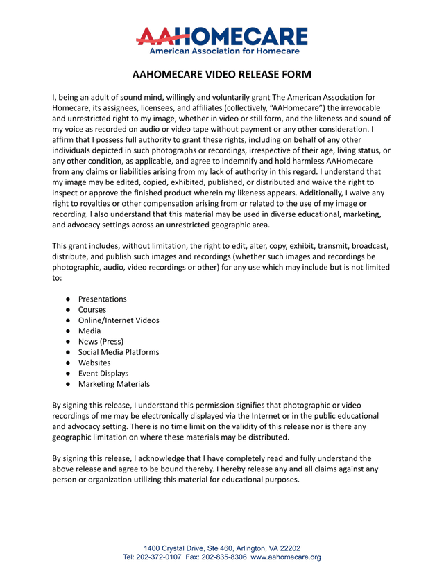 AAHOMECARE VIDEO RELEASE FORM screenshot