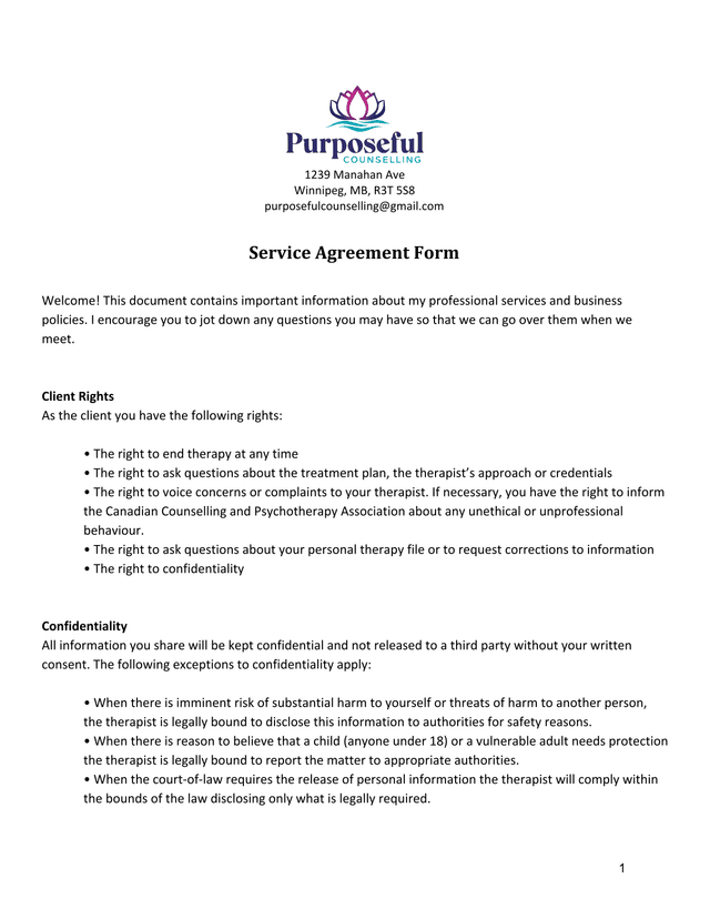 Service Agreement Form screenshot