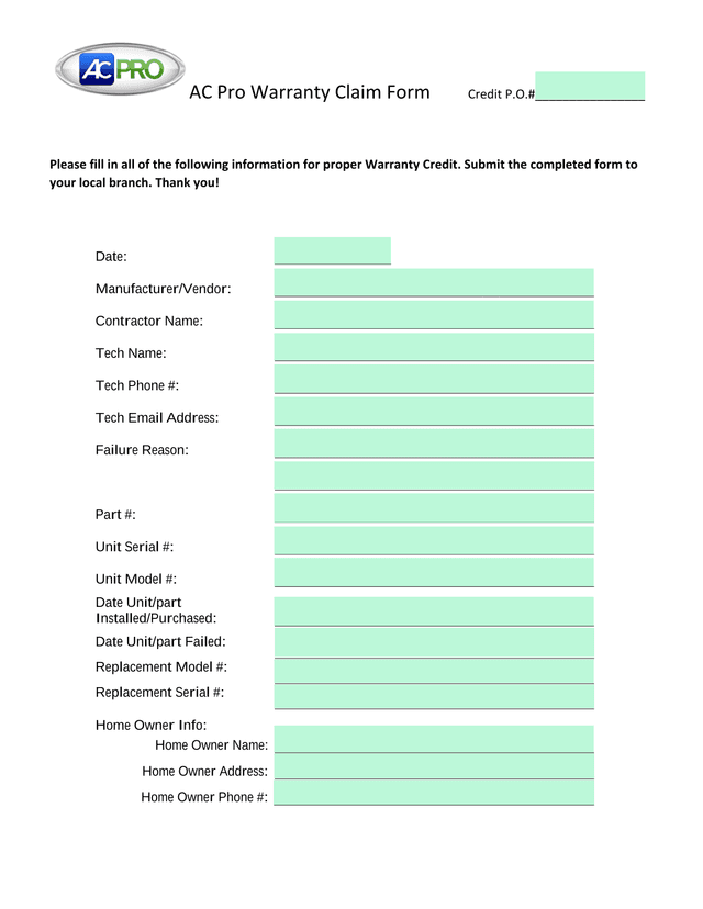 AC Pro Warranty Claim Form screenshot
