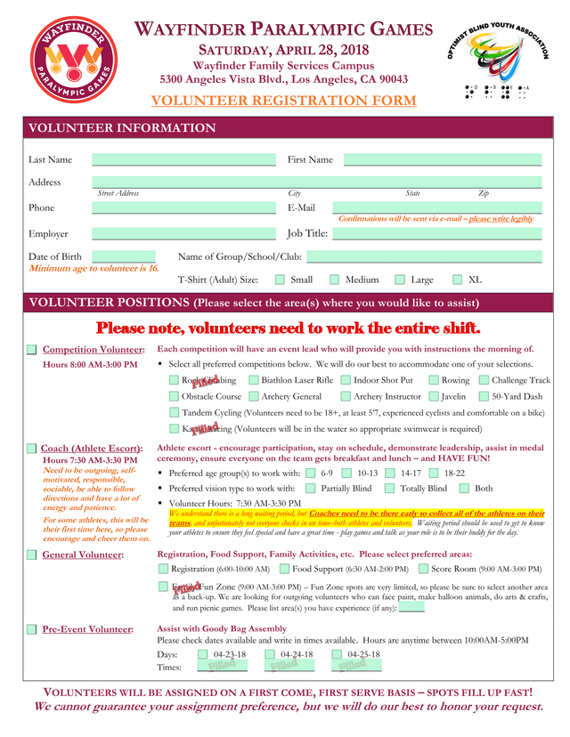Wayfinder Paralympic Games Volunteer Registration Form screenshot