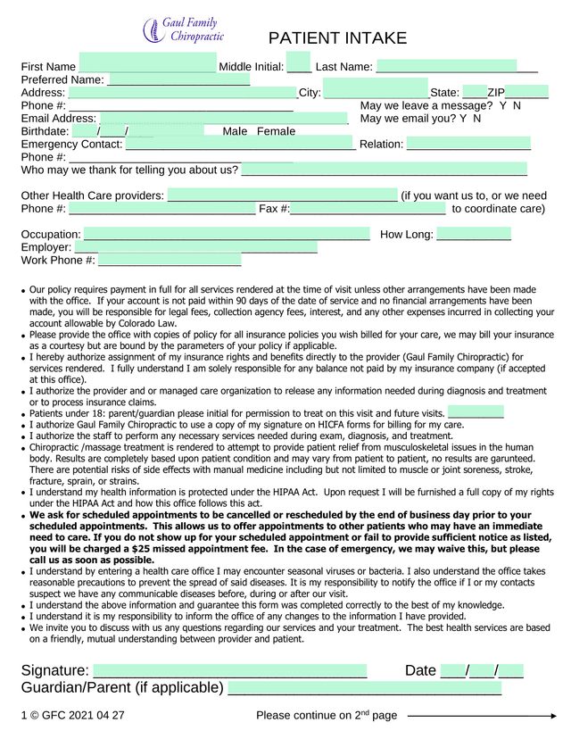 Patient Intake Form screenshot