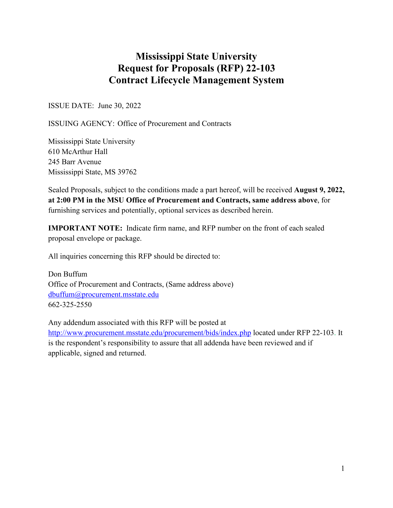 Request For Proposals (RFP) 22 103 Contract Lifecycle Management System screenshot