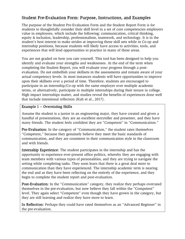 Student Pre Evaluation Form Purpose, Instructions, And Examples screenshot