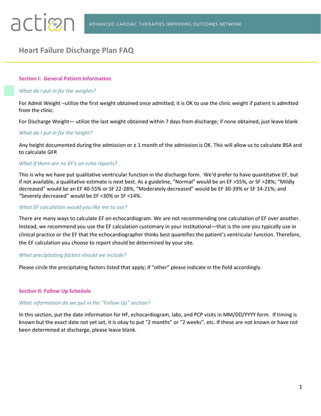 Heart Failure Discharge Plan FAQ screenshot