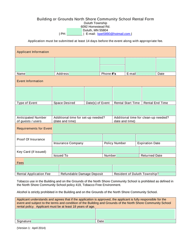 Building Or Grounds North Shore Community School Rental Form screenshot