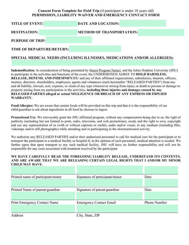 Consent Form Template For Field Trip (If Participant Is Under 18 Years Old) screenshot