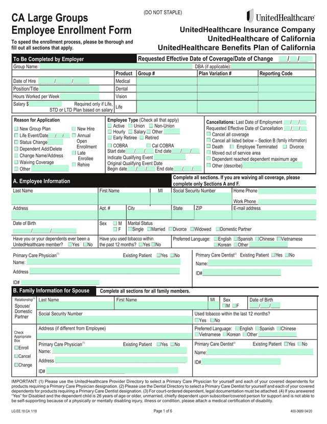 CA Large Groups Employee Enrollment Form screenshot